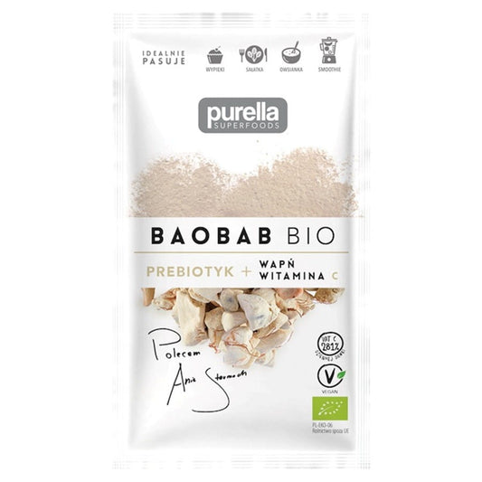 Bio Baobab Pulver von PURELLA, 21g, in einer transparenten Packung mit Baobab Früchten und Pulver.