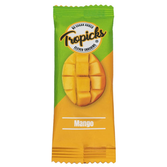 TROPICKS Mangoriegel, 20g, mit reinen Mangogeschmack, fruchtiges Snack-Produkt, close-up Ansicht der Riegel in der Verpackung