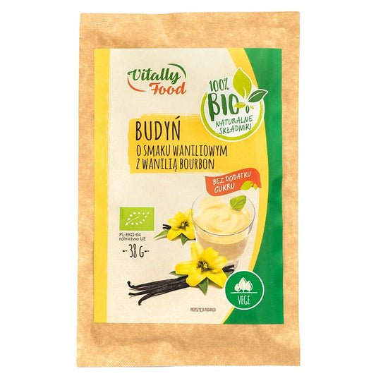 Bio Vanillepudding mit Bourbon-Vanille von Vital Food, ohne Zuckerzusatz, cremig und lecker in 38g Packung.