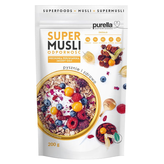 Super Müsli Resistenz von PURELLA SUPERFOODS in 200g Packung, sichtbarer Inhalt mit verschiedenen Getreide- und Nussstücken