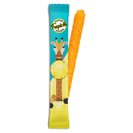 Ananasrolle TROPICKS, 27g, mit fruchtiger Ananasfüllung, zeigt die süße, cremige Süßigkeit in der Verpackung.