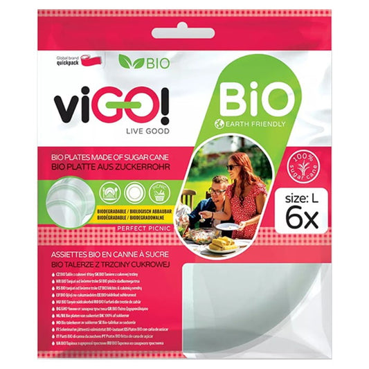 Biologisch abbaubare Zuckerrohrteller Größe L von VIGO!, 6 Stück, umweltfreundliche Pappteller für nachhaltiges Catering.