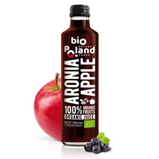 Bio Apfelsaft mit Apfelbeere, 250ml, 100% NFC, frisch und biologisch, in einer transparenten Flasche.