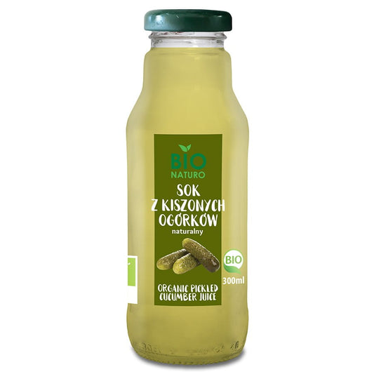 Bio Sauergurkensaft in 300ml Flasche von BIONATURO, klare Flüssigkeit in einer braunen Glasflasche mit Etikett, naturbelassen.