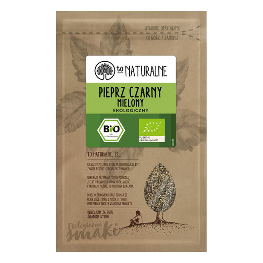 Gemahlener schwarzer Pfeffer Primat BIO von TO NATURALNE, 20g, in einem transparenten Glasbehälter.
