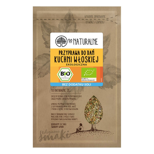 Bio italienisches Gewürz für Gerichte, Primacy 13g, von TO NATURALNE, frisch und aromatisch, in der Verpackung sichtbar