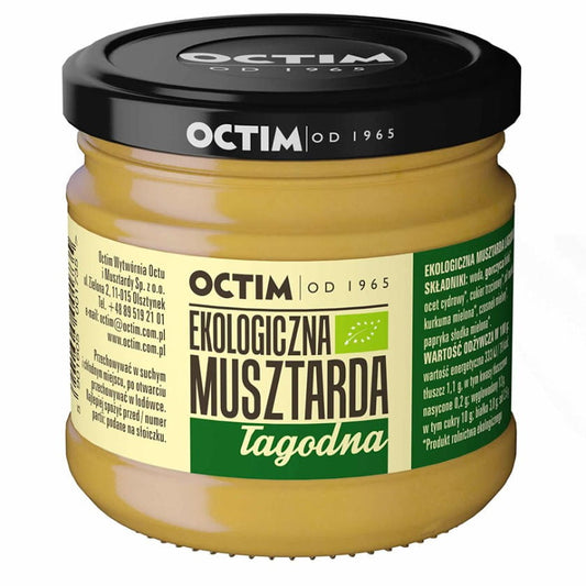 Milder Bio-Senf von OCTIM in 180g Glas, cremige Konsistenz, ideal für Sandwiches und Dressings.