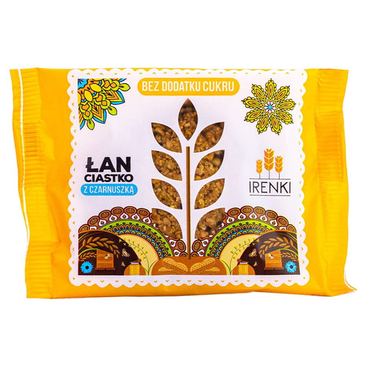 Ian Cookie ohne Zuckerzusatz mit Schwarzkümmel, 40g, IRENKI, zeigt den knusprigen, ungesüßten Keks mit Schwarzkümmel auf dem Bild.