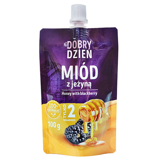 Honig mit Brombeere von PSZCZELARZ KOZACKI, 100g, cremige Konsistenz, ideal für einen guten Tag, im Glas mit Brombeeren.