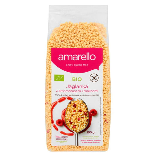 Hirse mit Amaranth und Himbeeren im Bio-Produkt, Verpackung von AMARELLO, 150g, frisches und gesundes Frühstücksprodukt
