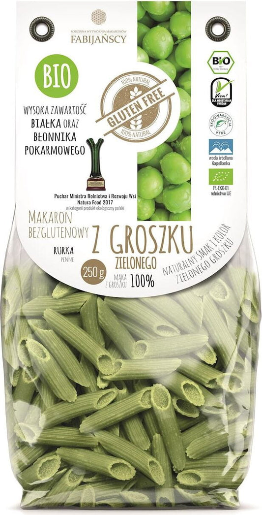Grüne glutenfreie Erbsennudeln "Tube" von FABIJAŃSCY, Bio-Qualität, 250g, sichtbar in der Verpackung