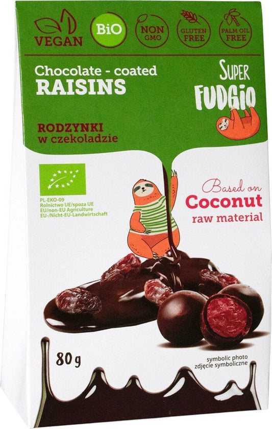 Glutenfreie Rosinen in Schokolade von SUPER FUDGIO, BIO, 80g, glänzende Schokoladenschicht um saftige Rosinen.