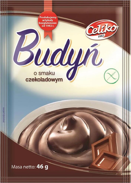Glutenfreier Schokoladenpudding von CELIKO in 46g Packung, cremige Textur und schokoladiger Geschmack, auf einem Teller serviert