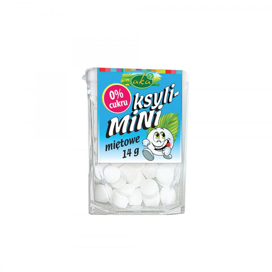 Minzzuckerfreie Pulverdragees von AKA, 14 g, in einer transparenten Verpackung, sichtbar auf einem weißen Hintergrund