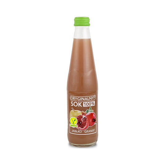 Glas mit rotem Granatapfelsaft, 330 ml, von BIURKOM FLAMPOL, auf einem weißen Hintergrund.