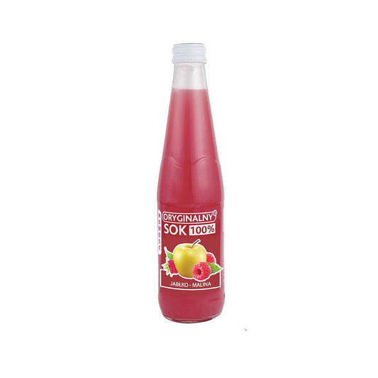 Himbeer-Apfelsaft von BIURKOM FLAMPOL in 330 ml Flasche, fruchtiges Getränk mit roter Himbeere und Apfel.