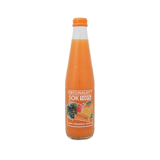 Glas mit 330 ml Apfel-, Orangen- und Karottensaft von BIURKOM FLAMPOL, frisch und naturbelassen.