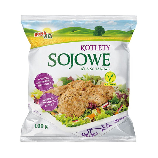 Vegane Sojakoteletts von BONA VITA, 100 g, geschnittene Sojaprotektscheiben auf weißem Hintergrund.