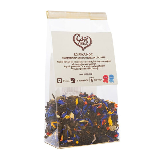 Grüner ägyptischer Nachtblättertee von CAFE AMOUR in 50 g Packung, frischer Tee mit ägyptischem Blattmaterial.