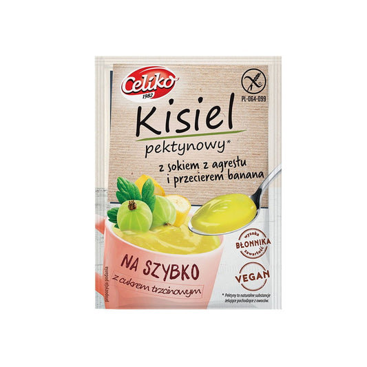 Schnelles Gelee mit Stachelbeersaft und Bananenpüree in 20 g Packung von CELIKO, cremige Fruchtmischung in Glas