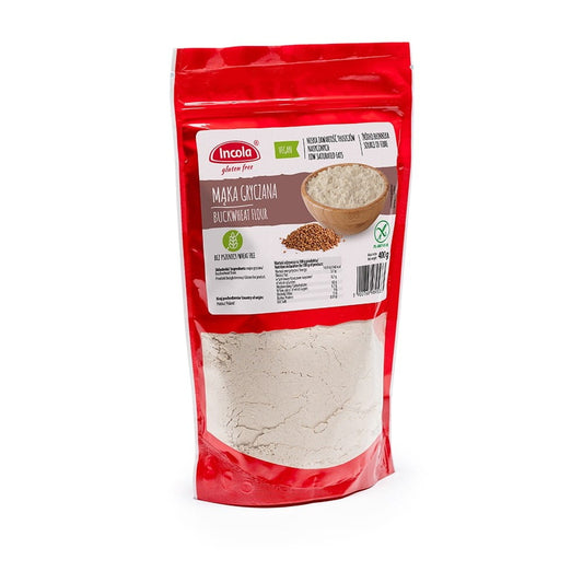 Glutenfreies Buchweizenmehl von GFS POLAND, 400 g, feines Mehl in Packung, ideal für glutenfreie Backrezepte.