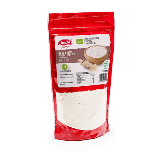 Glutenfreies Reismehl von GFS POLAND, 400 g, feines weißes Reismehl in einer Packung, Nahaufnahme