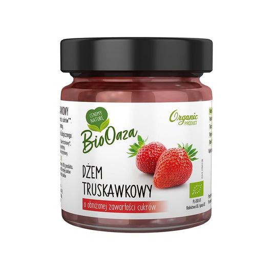 Erdbeermarmelade mit reduziertem BIO-Zucker von GREEK TRADE, 225 ml, frische Erdbeeren in Glasflasche.