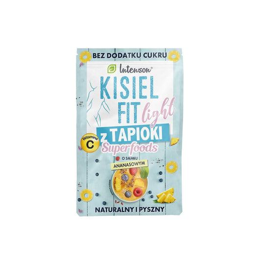 Ananas Kissel von INTENSON mit Tapioka, ohne Zucker, in 30 g Packung, zeigt die gelbe Fruchtpüree mit Tapioka-Perlen.