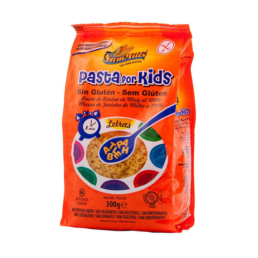 Bunte glutenfreie Maisalphabet-Nudeln von ITALMEX in 300 g Packung, ungekocht, in einer weißen Schüssel.