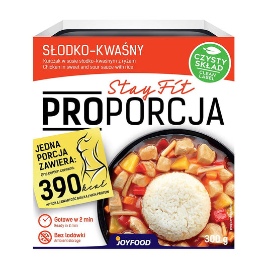 Hähnchen in Süß-Sauer-Sauce mit Reis, 300 g, von JOYFOOD, serviert auf einem Teller mit Reis und Gemüse.