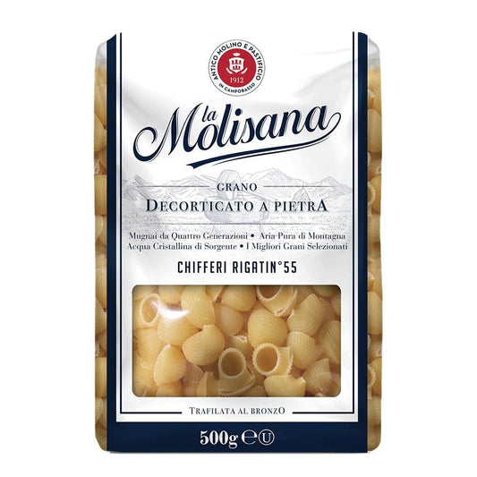 Chifferi Rigati Pasta Nr. 55 von LA MOLISANA in 500 g Packung, frisch und getrocknet, detailreiche Nudelstruktur sichtbar