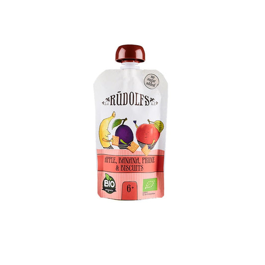 Fruchtmousse mit Apfel, Banane und Pflaume, inklusive BIO-Kekse, LAT EKO FOOD, 110 g, cremige Fruchtmischung in Schale