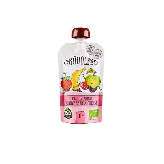 Bio-Fruchtmousse mit Apfel, Banane, Erdbeere und Sahne von LAT EKO FOOD, cremige Fruchtmischung in 110 g Becher