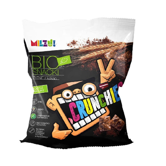 Bio Crunchies Snack aus Roggen, Hafer und Kakao von MILZU, 70 g, knusprige gesunde Snackpackung