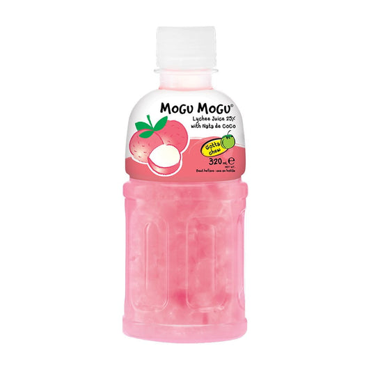 Mogu Mogu Getränk mit Litschi-Geschmack und Kokosgeleestückchen in 320 ml Flasche, erfrischendes Fruchtgetränk