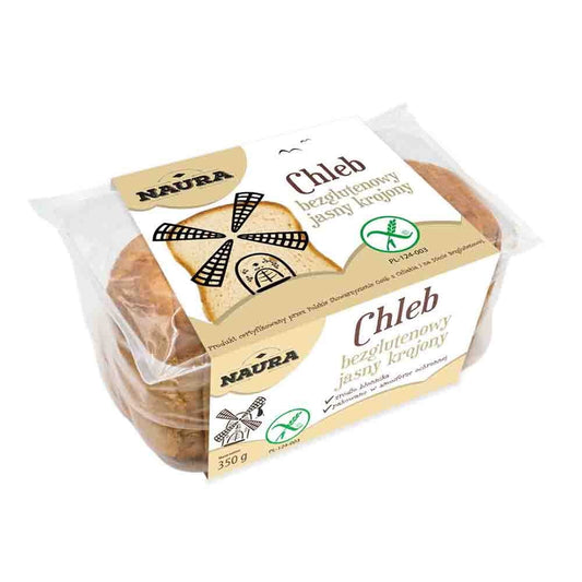 Geschnittenes glutenfreies Brot von NAURA, 350 g, frisch und saftig, auf einem Teller mit Messer.