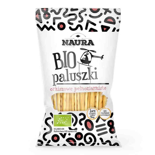 Vollkorn-Dinkelsticks von NAURA, Bio-Qualität, 45 g, knusprige gesunde Snacks auf einem weißen Teller.