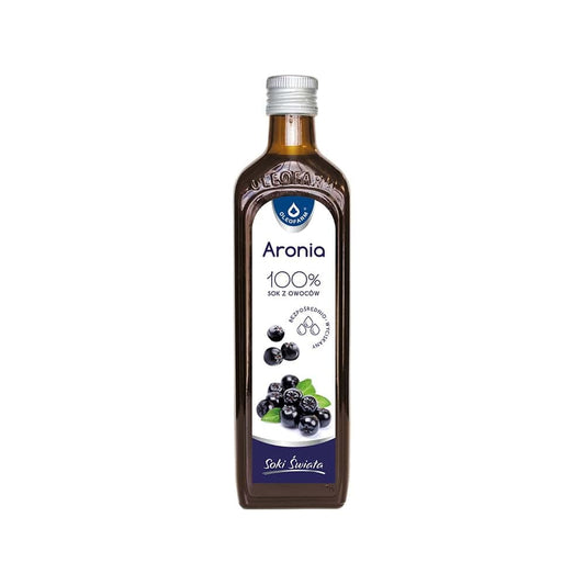 Aroniasaft in 490 ml Flasche von OLEOFARM, 100% naturbelassen, dunkle Flüssigkeit in Glasflasche, frisch und vitaminreich
