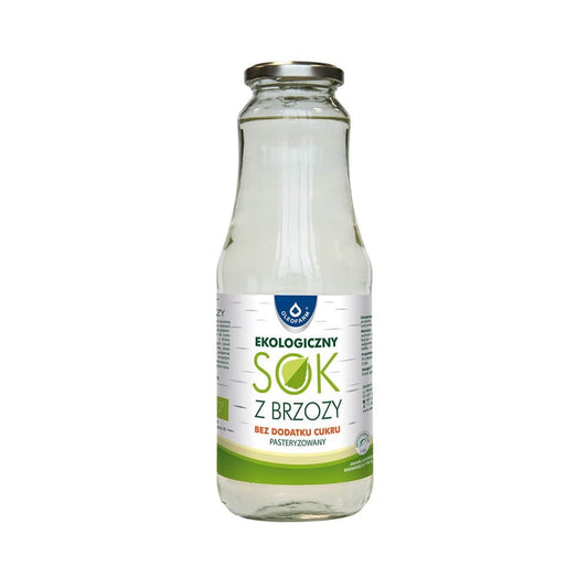 Birkensaft ohne Zuckerzusatz in einer 990 ml Flasche von OLEOFARM, klare Flüssigkeit in einer transparenten Flasche