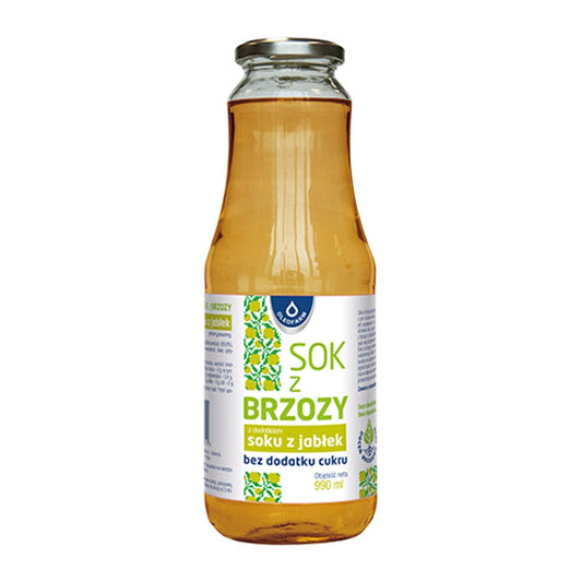 Birkensaft mit zuckerfreiem Apfelsaft, 990 ml von OLEOFARM, Flasche mit Birkensaft und Apfelzusatz sichtbar