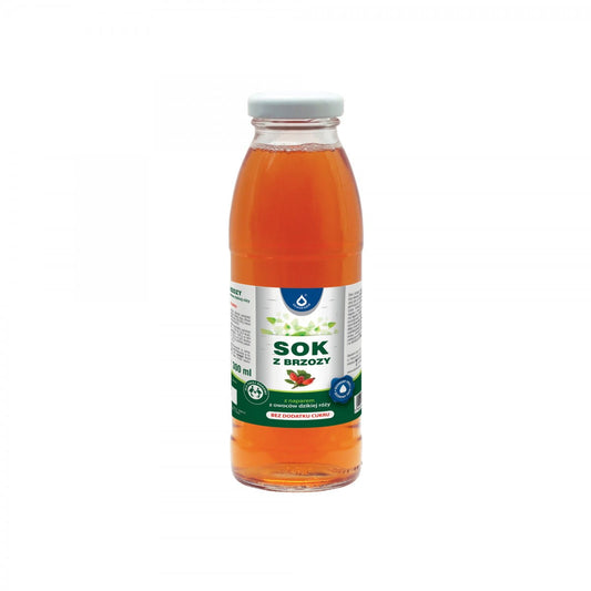 Birkensaft mit Wildrose von OLEOFARM, 300 ml, ohne Zuckerzusatz, in der Flasche sichtbar