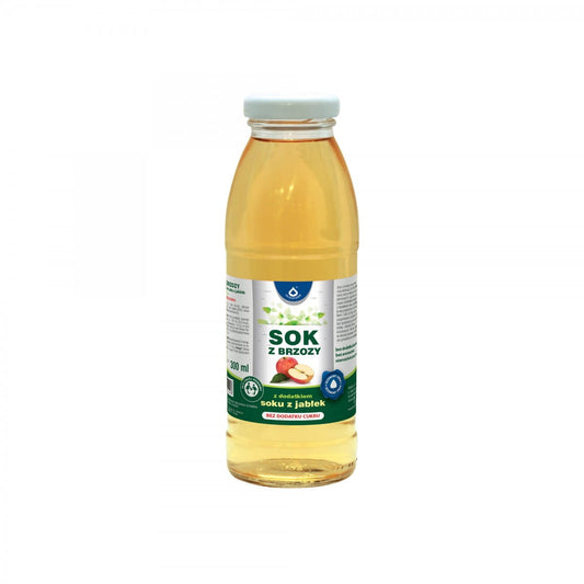 Naturtrüber Birken- und Apfelsaft von OLEOFARM in 300 ml Flasche, ohne Zuckerzusatz, klare Flüssigkeit mit fruchtigem Geschmack