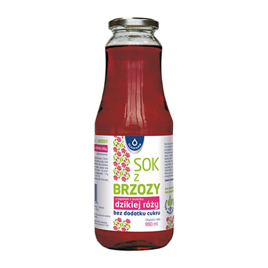 Birkensaft mit Hagebuttenaufguss von OLEOFARM, ohne Zucker, in 990 ml Flasche, klare Flüssigkeit in Glasflasche