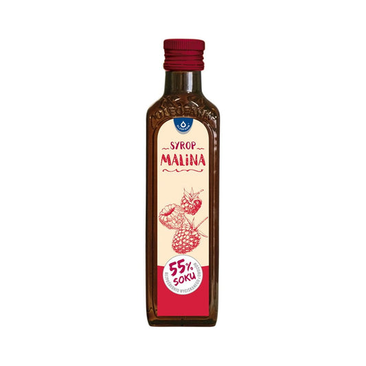 Himbeersirup in 250 ml Flasche, OLEOFARM, mit 55 % Fruchtsaft, zeigt die dunkelrote Farbe und den Flaschenhals.