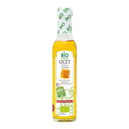 Bio Apfelessig mit Honig von BIONATURO in einer 250 ml Flasche, Nahaufnahme des Produkts