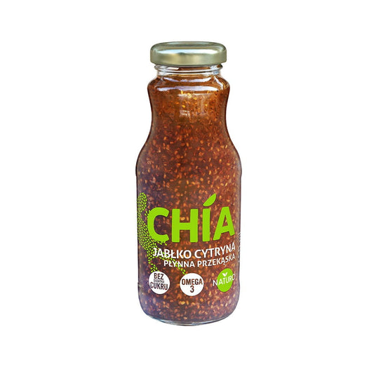Flüssiger NATURO Snack mit Chiasamen, Apfel und Zitrone in 250 ml Flasche, frischer Frucht- und Samenmix