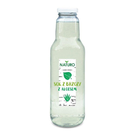 Birkensaft mit Aloe in 750 ml Flasche von NATURO, transparente Flasche mit grüner Birkensirup und Aloe-Blättern.
