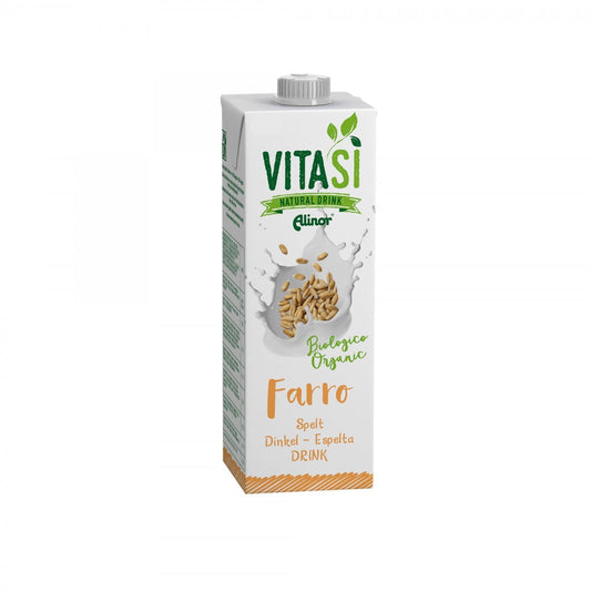 BIO-Dinkelgetränk von ALINOR in einer 1000 ml Packung, zeigt die Flasche mit Etikett und goldener Verschluss.