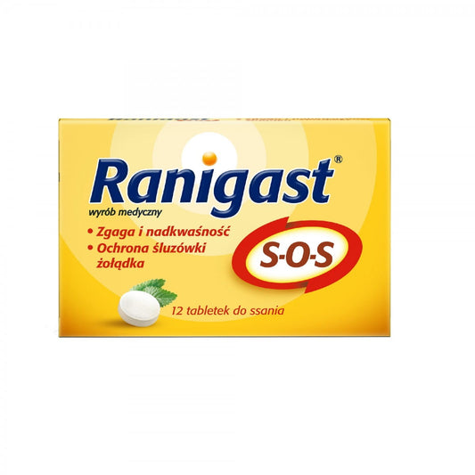 Ranigast Lutschsauce Tabletten von POLPHARMA, 12 Stück, zur Linderung von Halsschmerzen, in einer Packung.