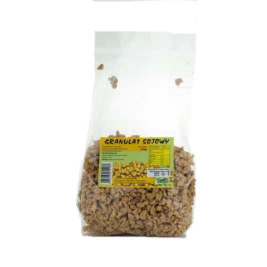 Sojagranulat 200 g von PRO NATURA, naturbelassenes Sojaprotein in einer transparenten Verpackung.